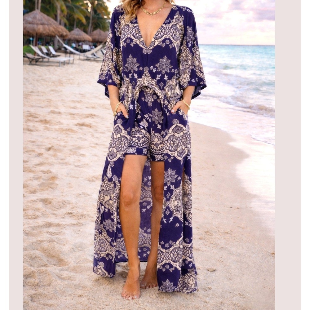 Maxi Romper with Shorts Blue White Mandala Paisley Print Kimono Sleeve Belted XL